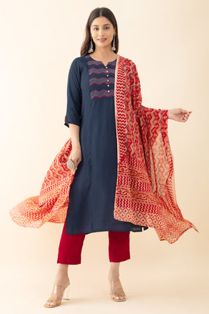 Embroidered Kurtaset with Ajrakh Printed Kurtaset - Red & Blue