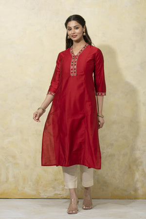 Floral Embroidered Kurta Set with Mural Print Dupatta - Red & Off - White