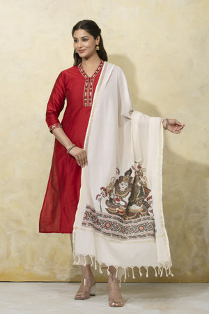 Floral Embroidered Kurta Set with Mural Print Dupatta - Red & Off - White