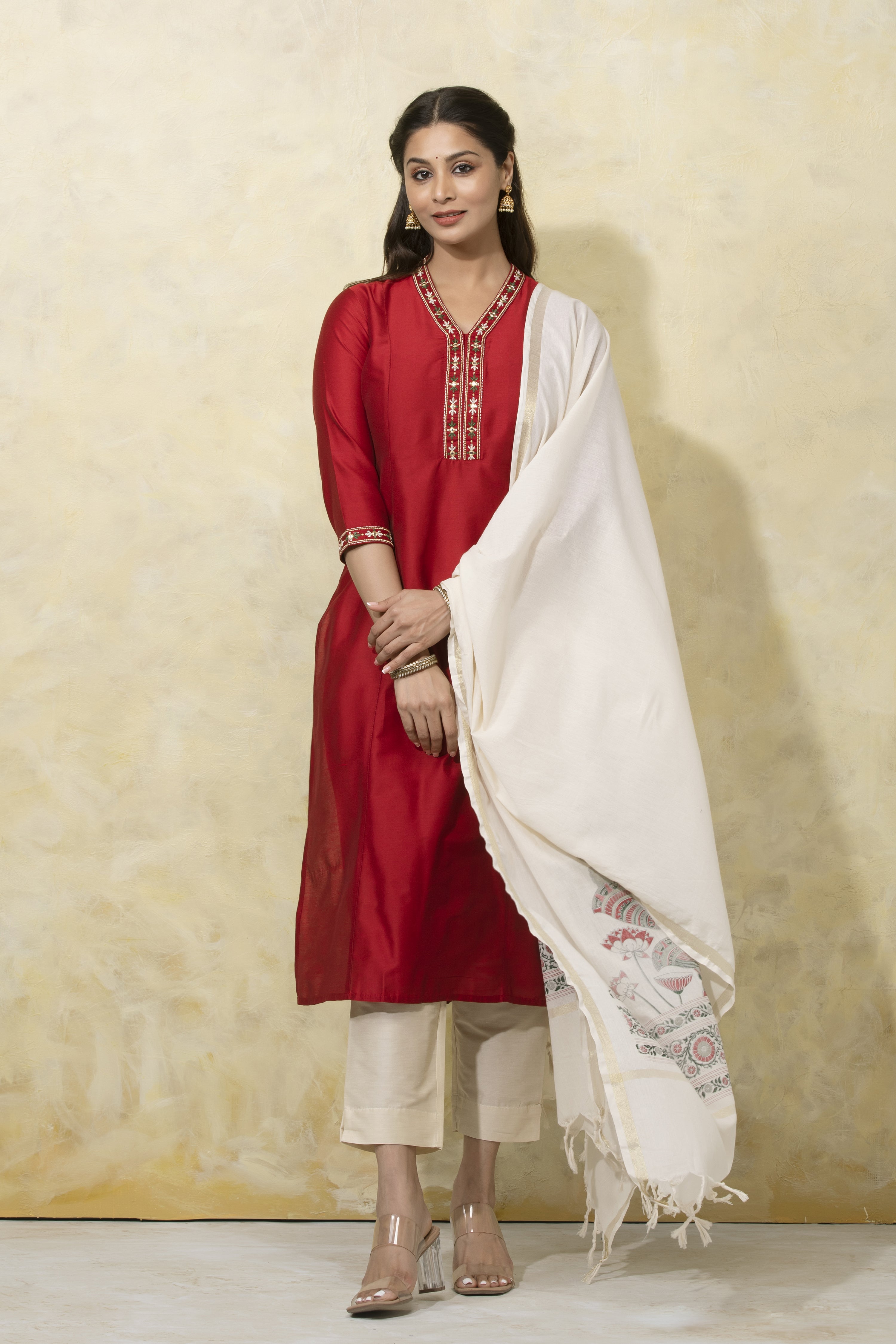 Floral Embroidered Kurta Set with Mural Print Dupatta - Red & Off - White