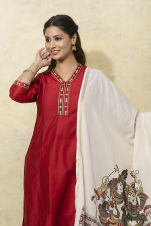 Floral Embroidered Kurta Set with Mural Print Dupatta - Red & Off - White