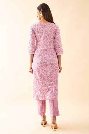 Floral Printed Cotton Kurtaset with Dupatta - Pink