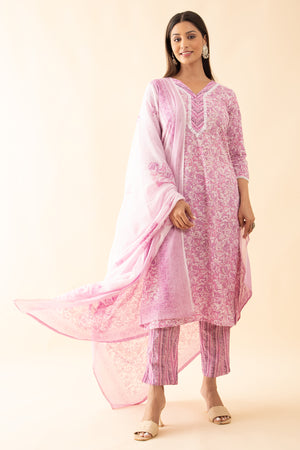 Floral Printed Cotton Kurtaset with Dupatta - Pink