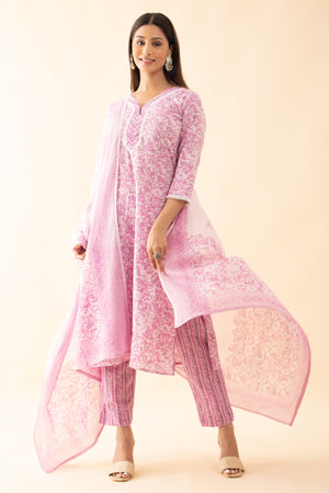 Floral Printed Cotton Kurtaset with Dupatta - Pink