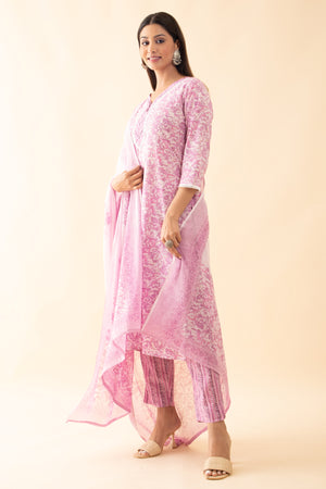 Floral Printed Cotton Kurtaset with Dupatta - Pink