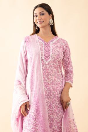 Floral Printed Cotton Kurtaset with Dupatta - Pink