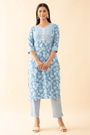 Floral Printed Cotton Kurta Set with Patchwork Yoke - Blue