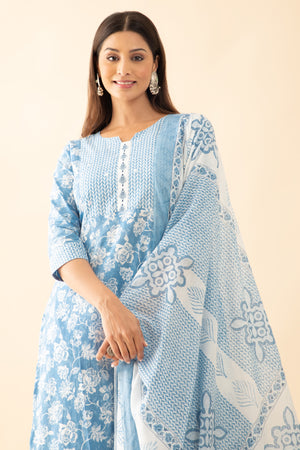 Floral Printed Cotton Kurta Set with Patchwork Yoke - Blue