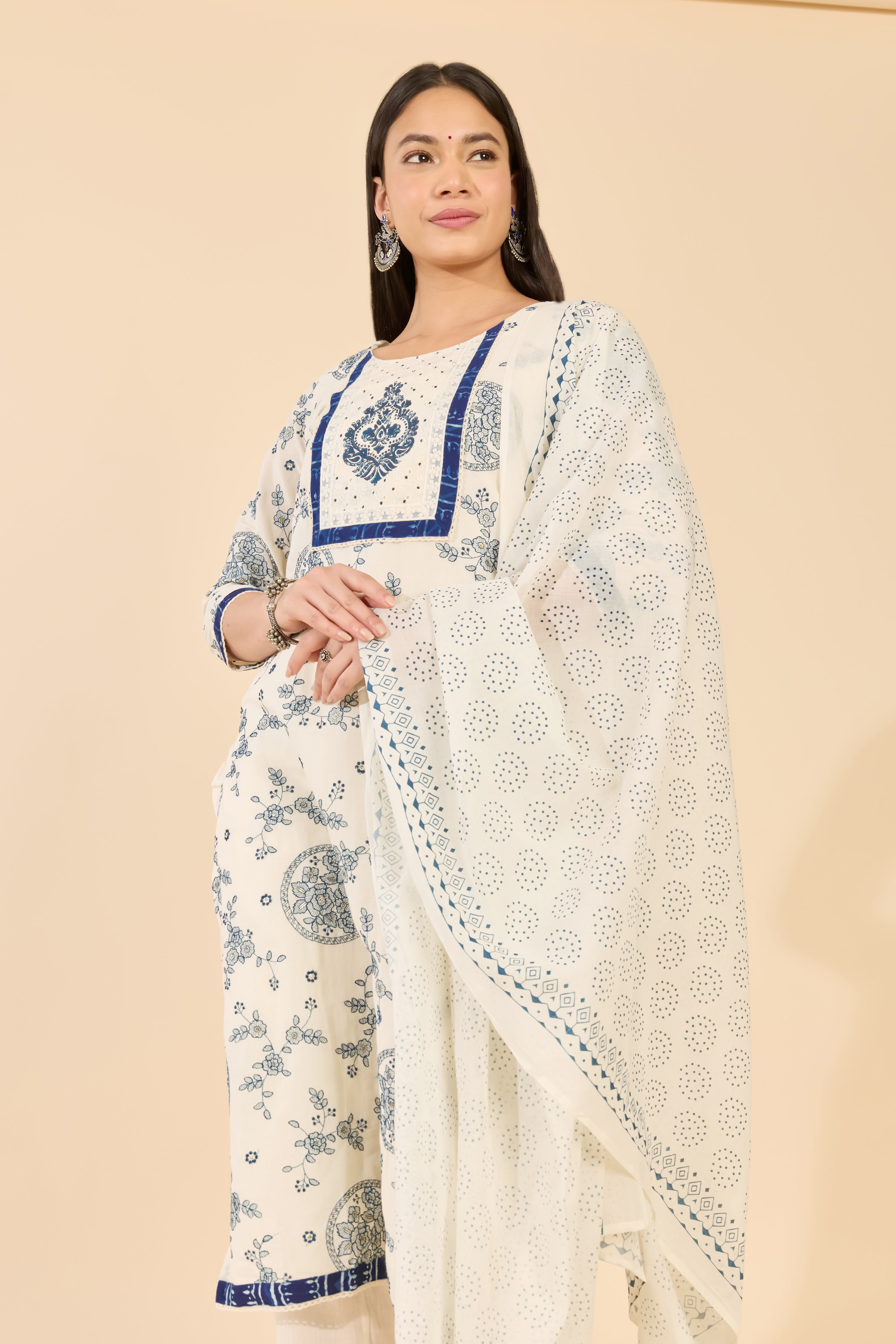 INDIGO FLORAL WHITE COTTON KURTA SET