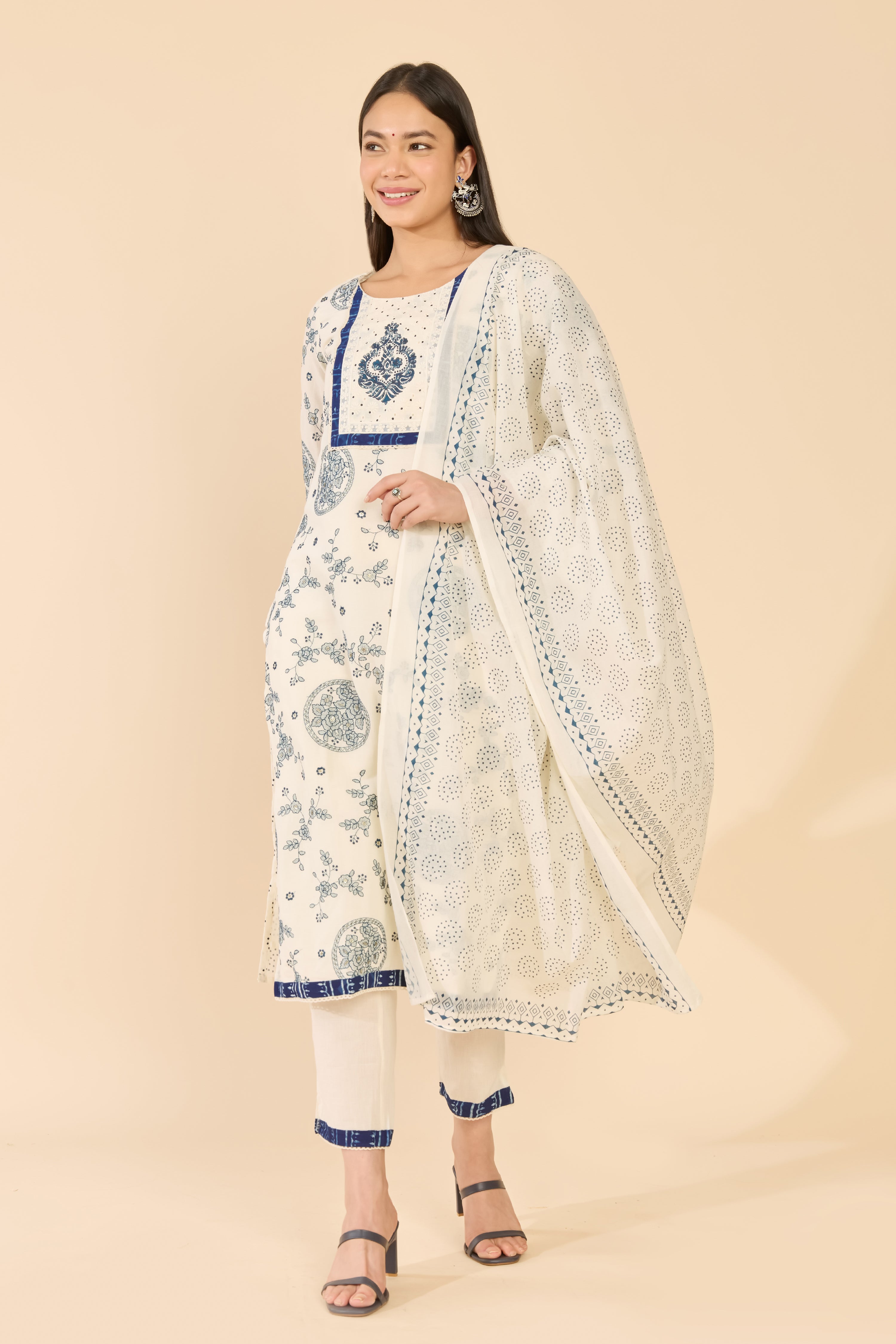 INDIGO FLORAL WHITE COTTON KURTA SET