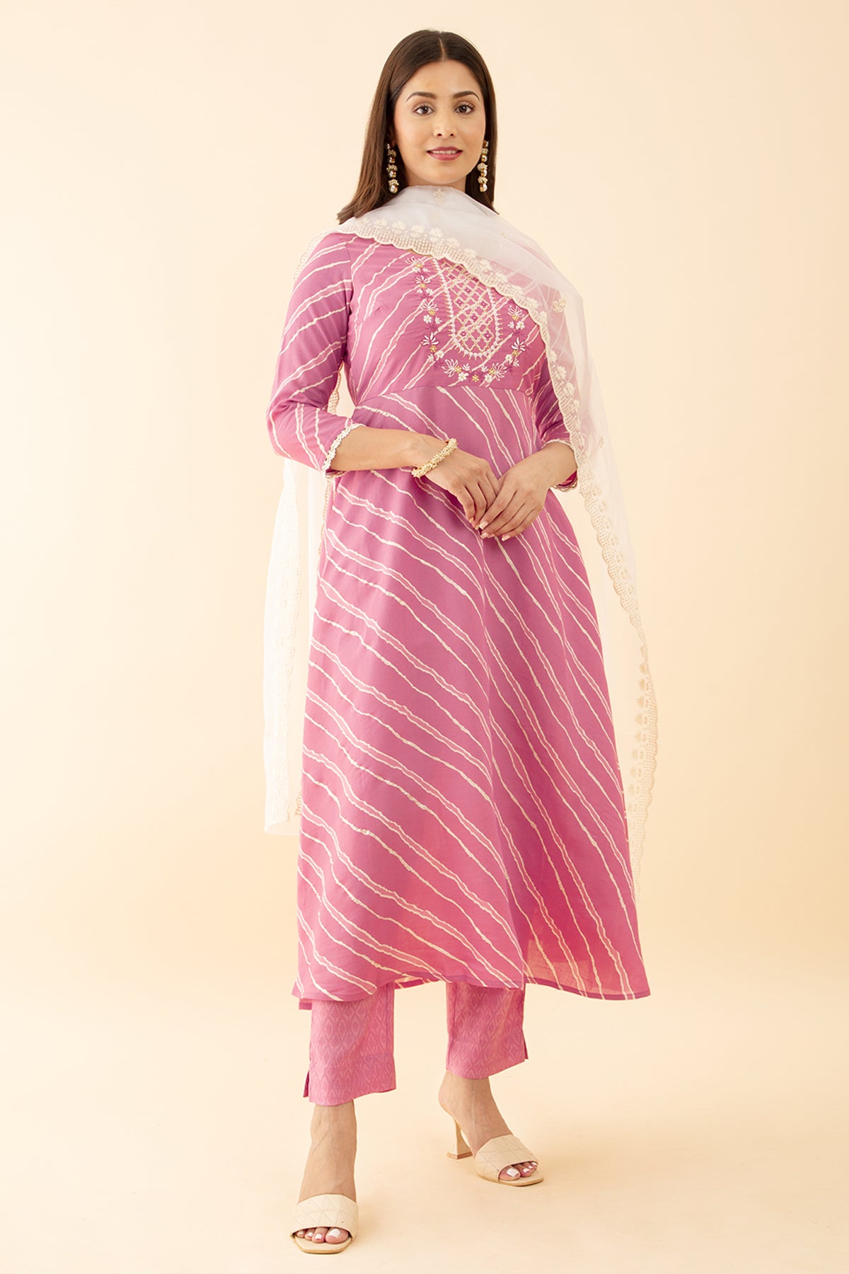 Floral Printed Kurta Set with Embroidered Stripes Mirror Work