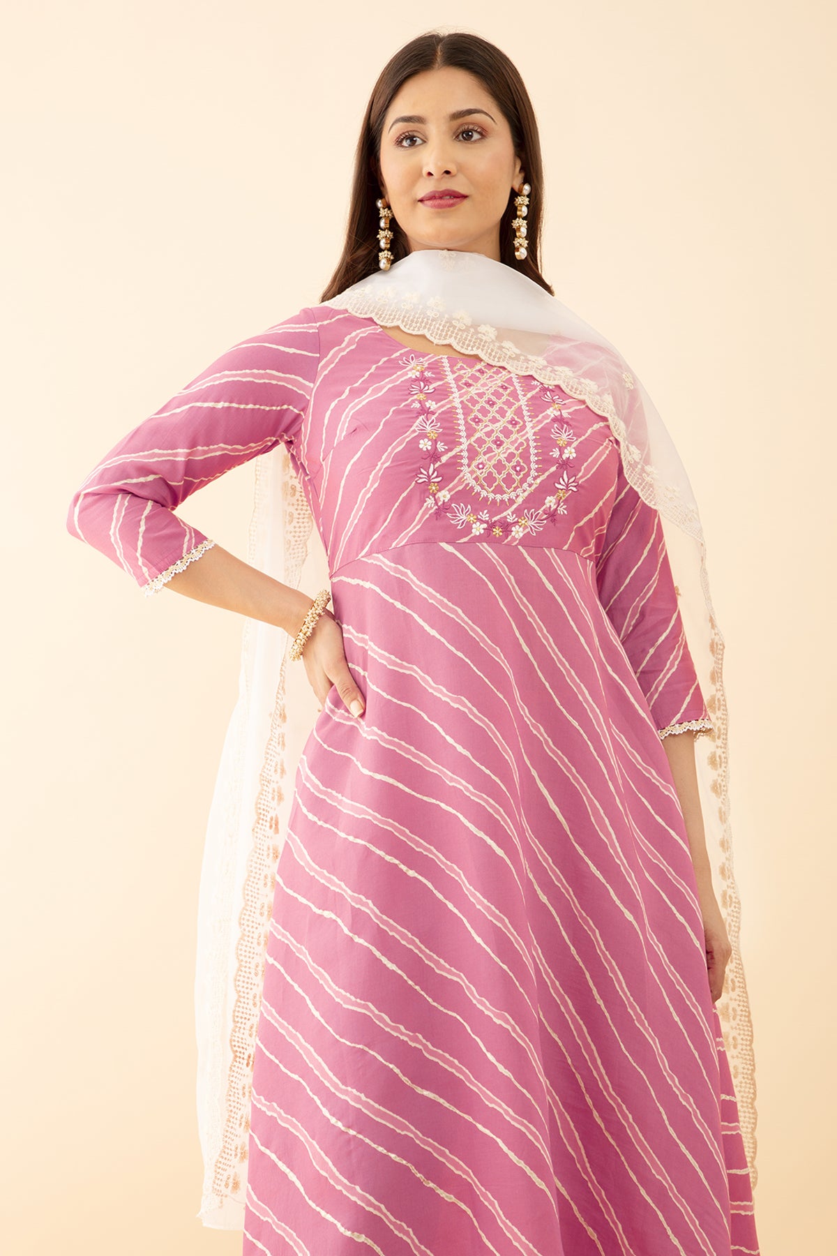 Floral Printed Kurta Set with Embroidered Stripes Mirror Work