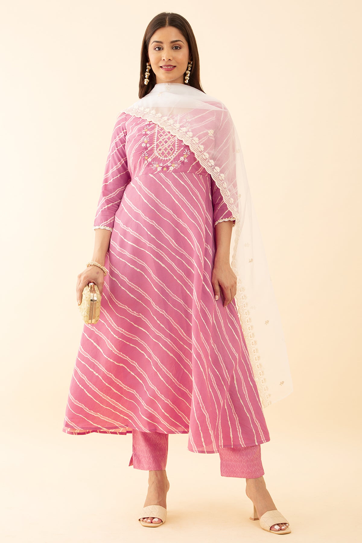 Floral Printed Kurta Set with Embroidered Stripes Mirror Work