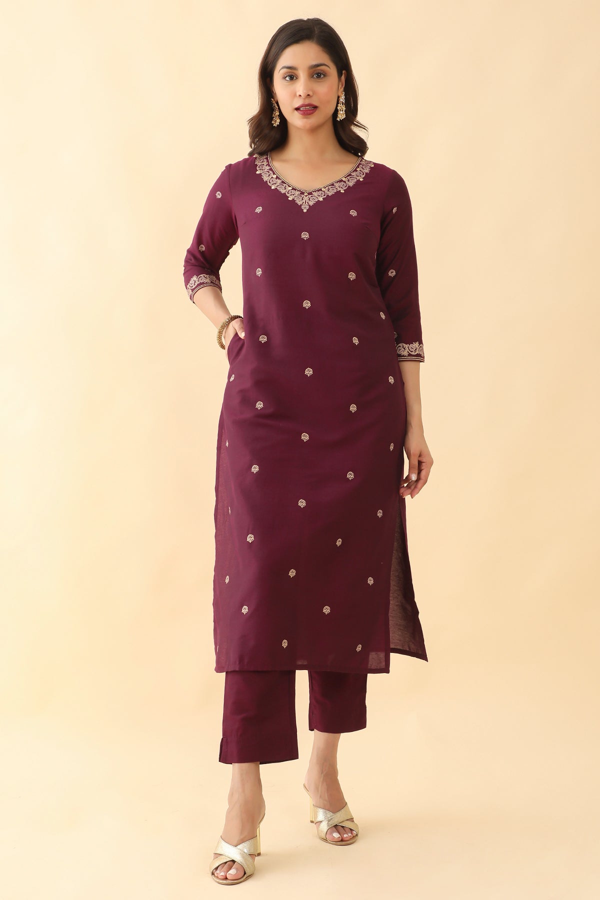 All over Floral Printed With Foil Mirror Embellished Kurta Set With Brocade Weave Dupatta Purple