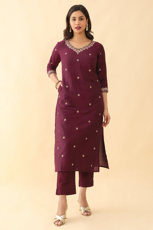 All over Floral Printed With Foil Mirror Embellished Kurta Set With Brocade Weave Dupatta Purple