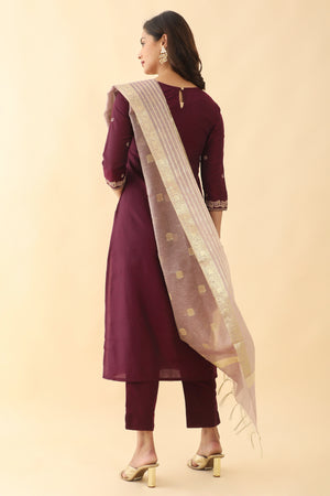 All over Floral Printed With Foil Mirror Embellished Kurta Set With Brocade Weave Dupatta Purple