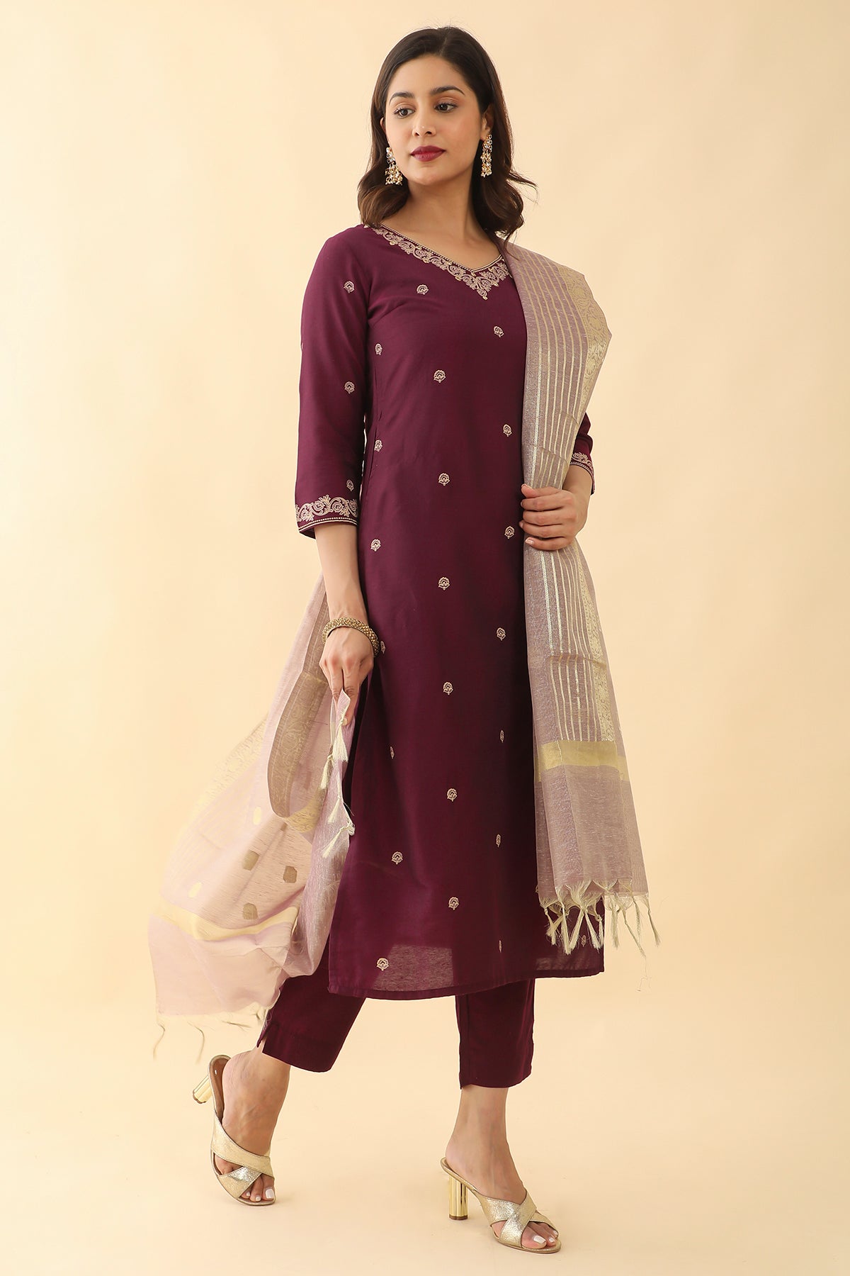 All over Floral Printed With Foil Mirror Embellished Kurta Set With Brocade Weave Dupatta Purple