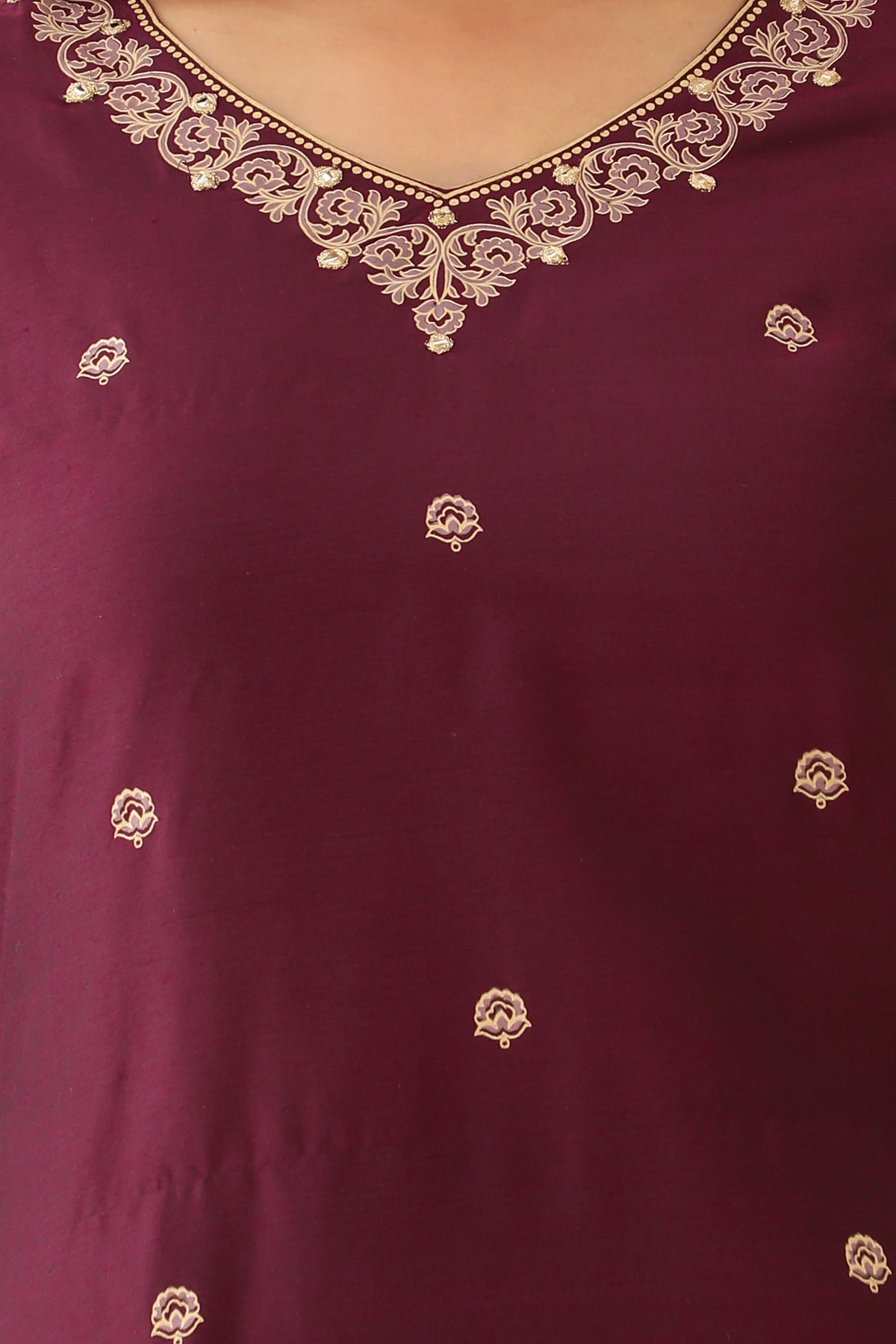 All over Floral Printed With Foil Mirror Embellished Kurta Set With Brocade Weave Dupatta Purple