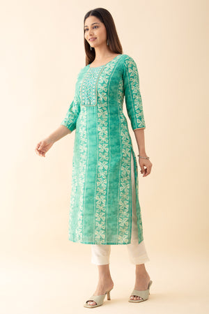 Bandhani Printed Kurta Set With Sequin Dupatta - Green & White