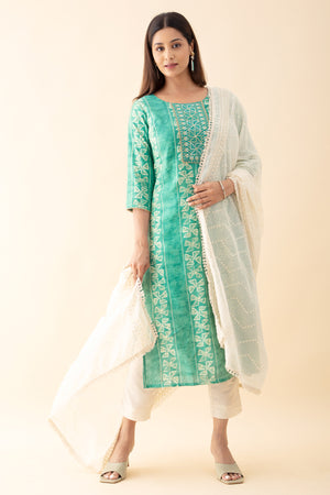 Bandhani Printed Kurta Set With Sequin Dupatta - Green & White