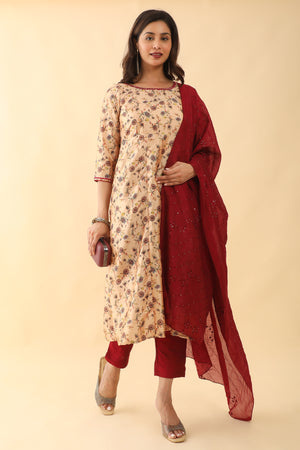 All Over Floral Digital Printed Kurta Set Peach Maroon