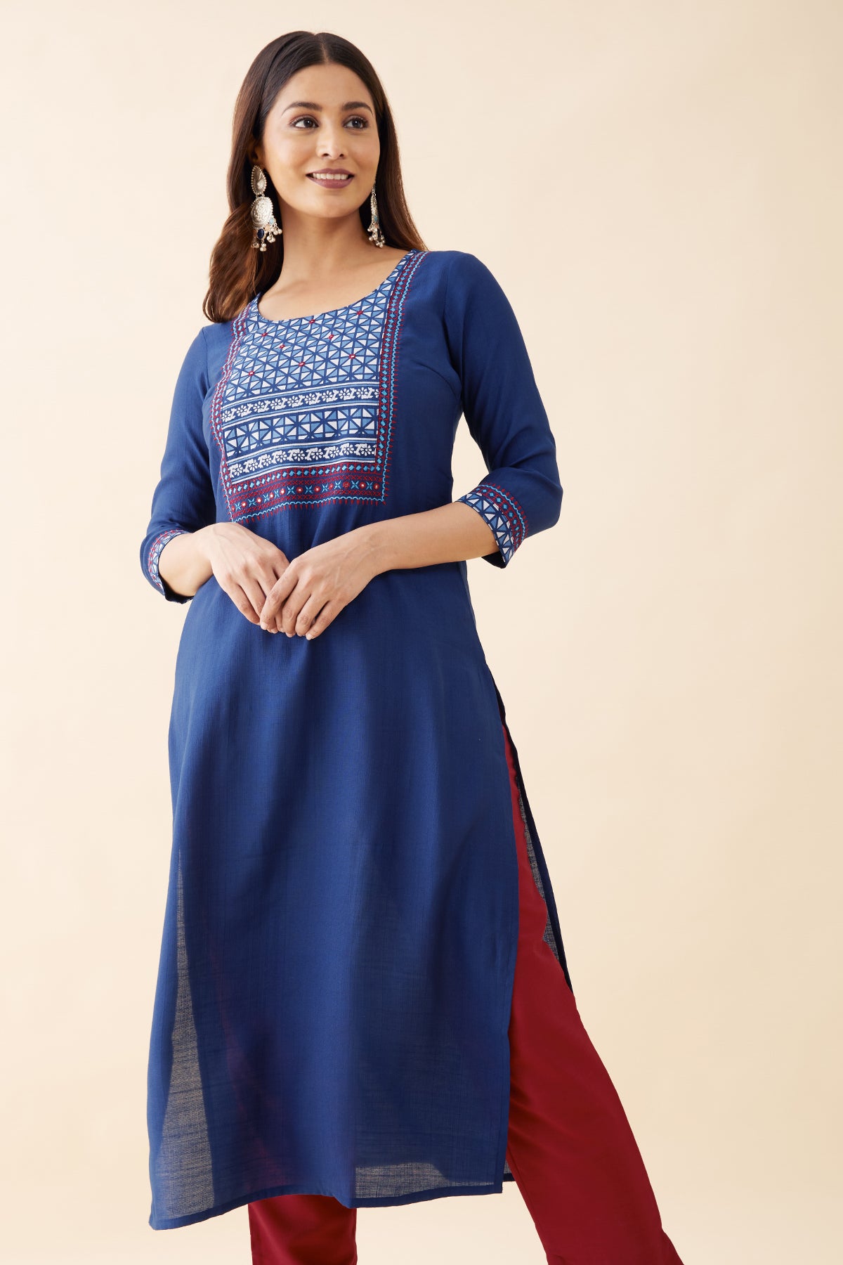 Geometric Printed Kurtaset with Printed Dupatta - Blue & Red