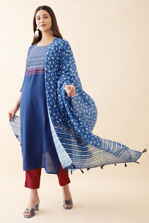 Geometric Printed Kurtaset with Printed Dupatta - Blue & Red