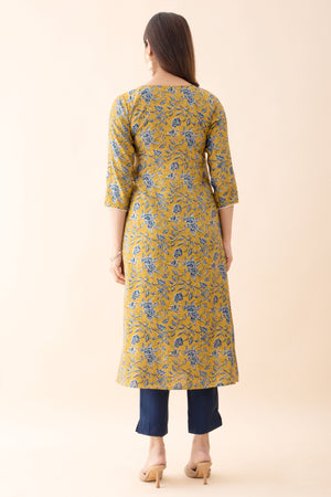 Floral Printed Kurta Set with Dupatta - Mustard & Blue