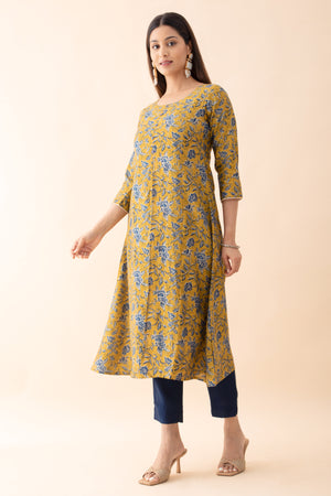 Floral Printed Kurta Set with Dupatta - Mustard & Blue