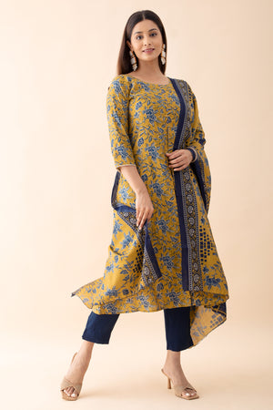 Floral Printed Kurta Set with Dupatta - Mustard & Blue