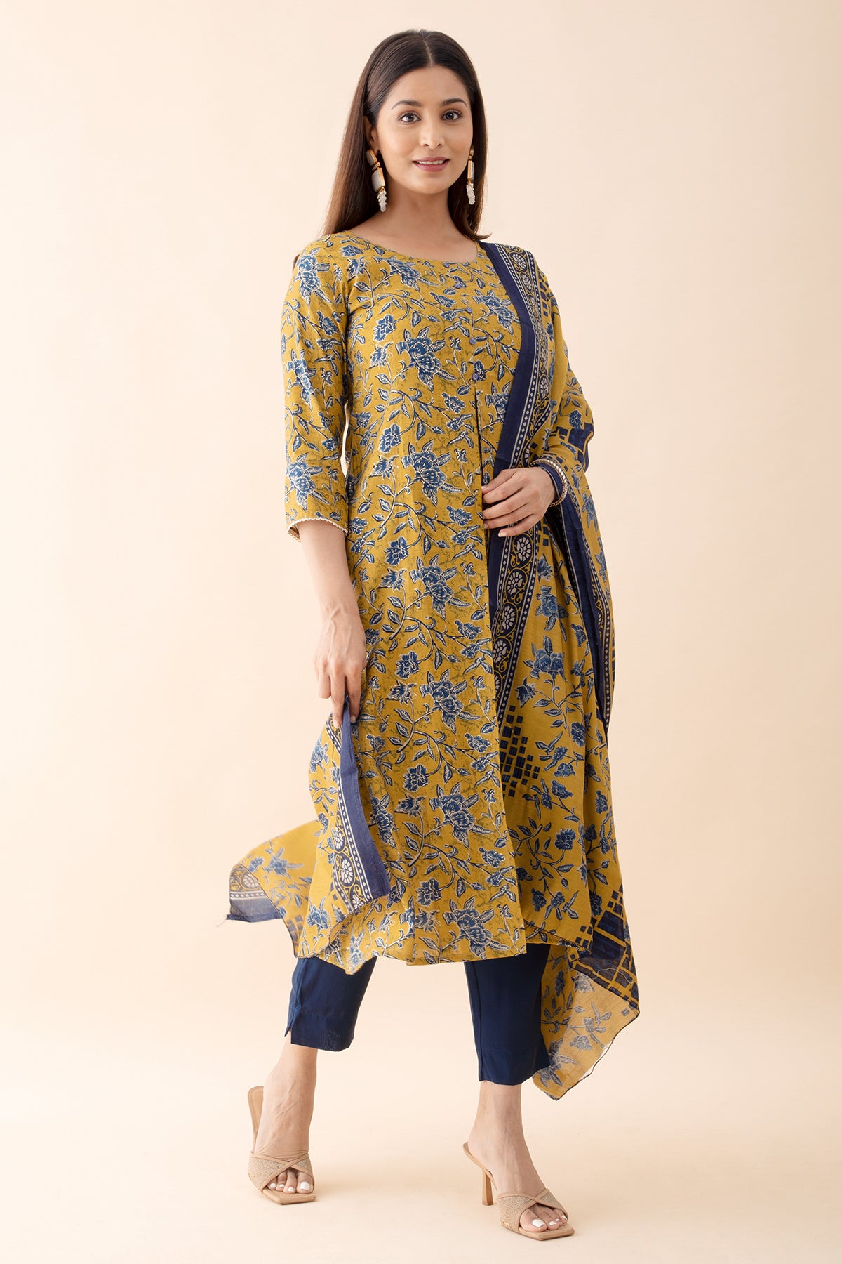 Floral Printed Kurta Set with Dupatta - Mustard & Blue