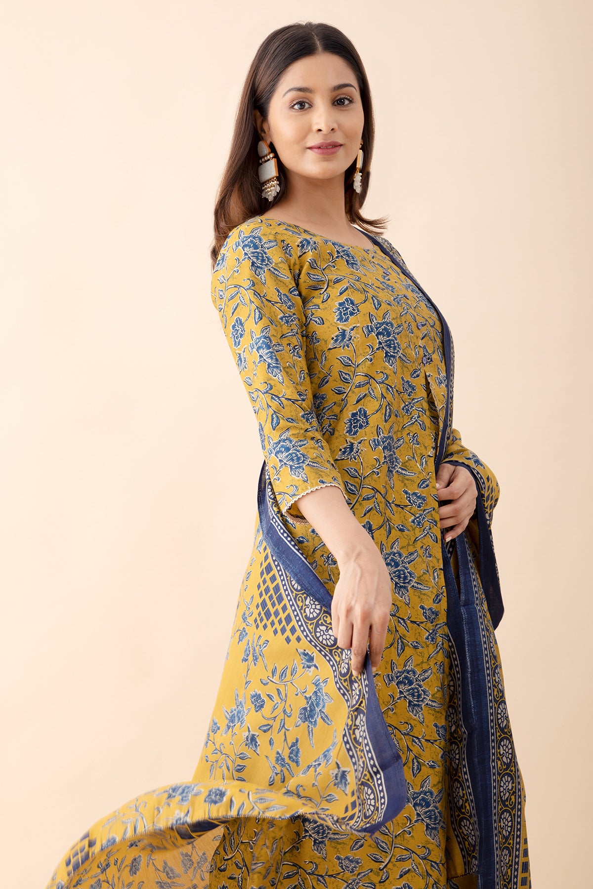 Floral Printed Kurta Set with Dupatta - Mustard & Blue