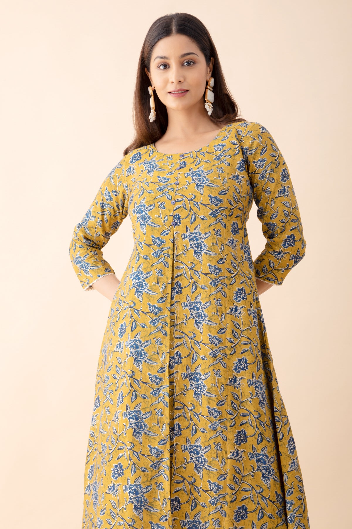 Floral Printed Kurta Set with Dupatta - Mustard & Blue