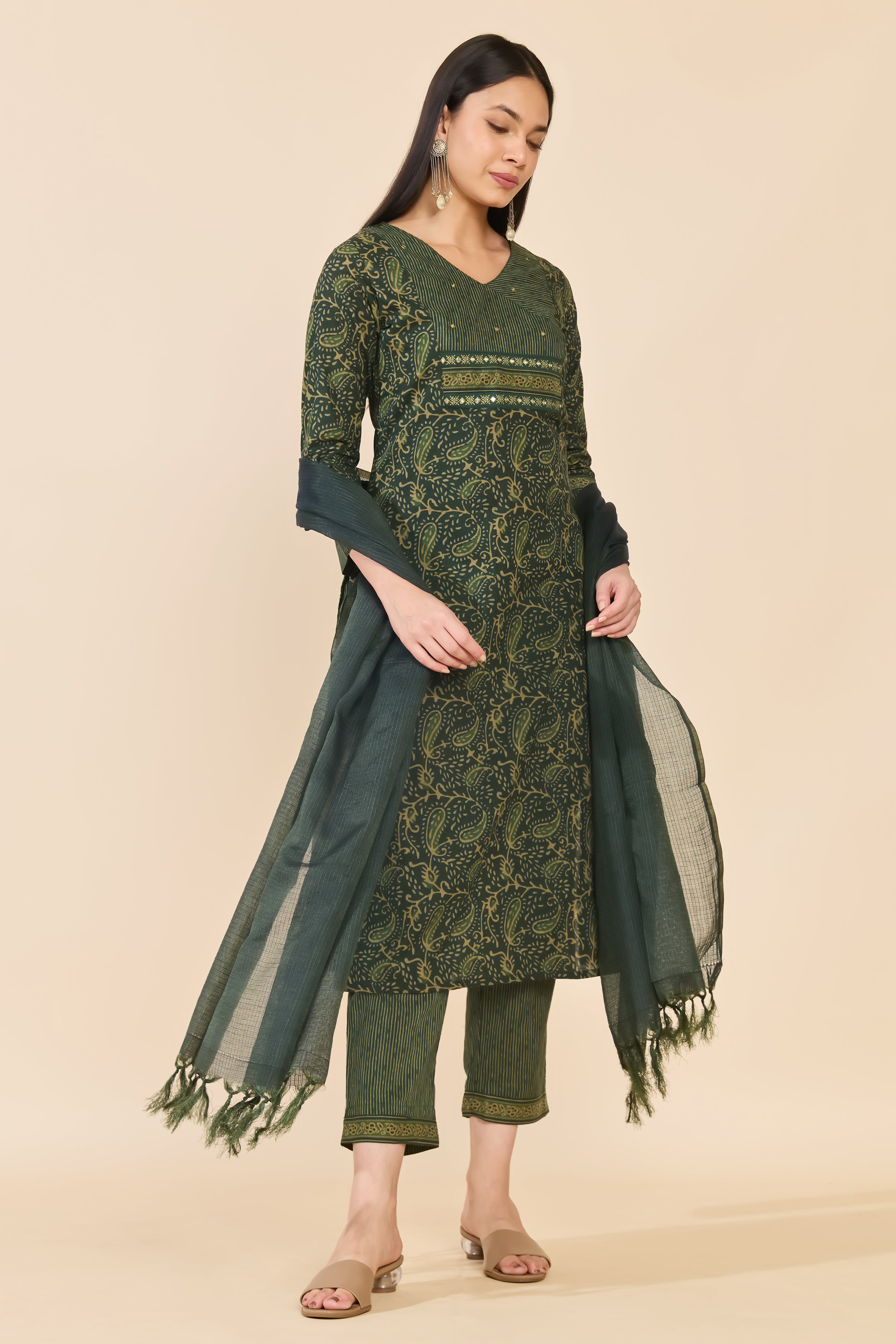 GREEN COTTON PAISLEY KURTA SET