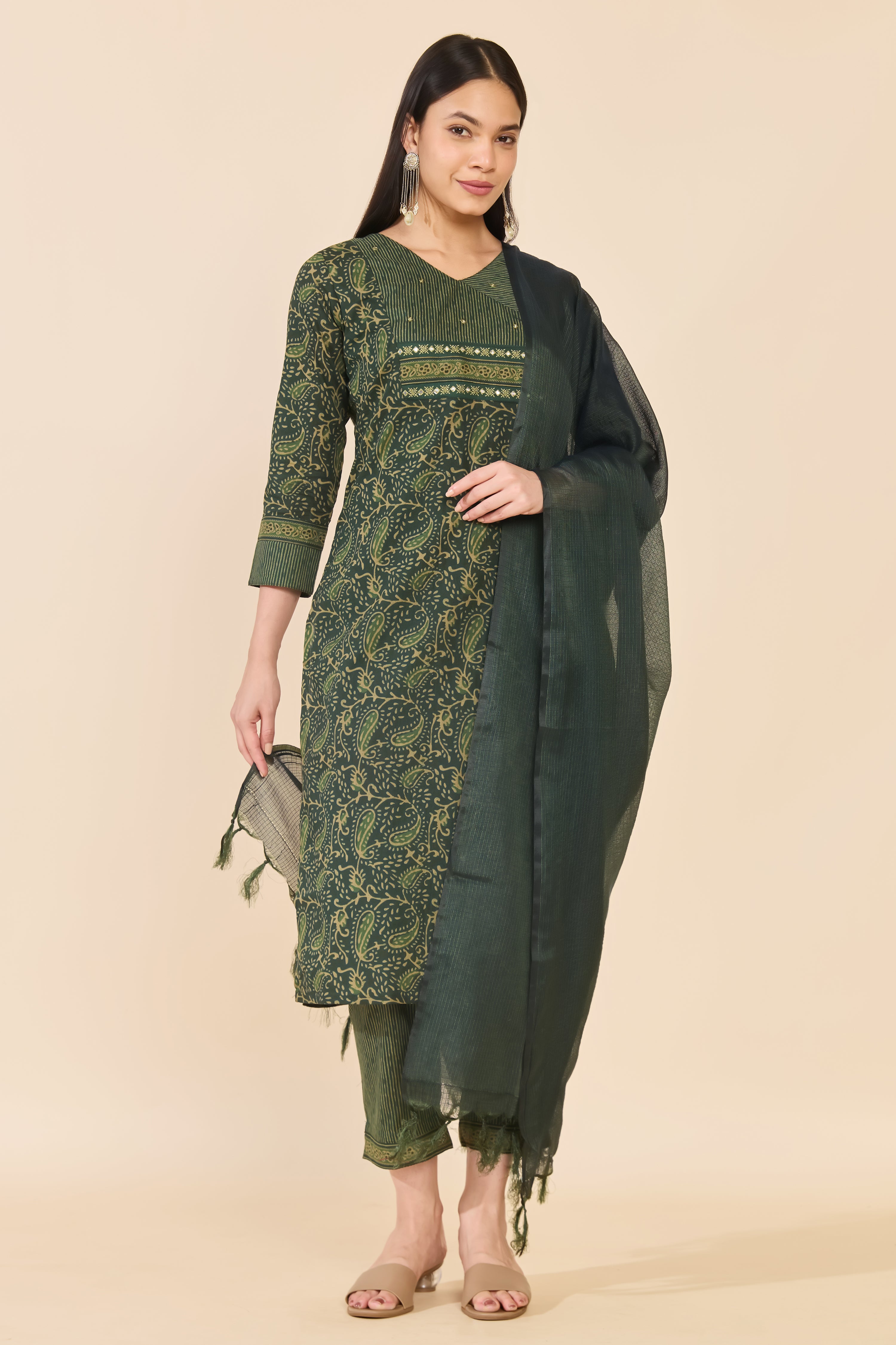 GREEN COTTON PAISLEY KURTA SET