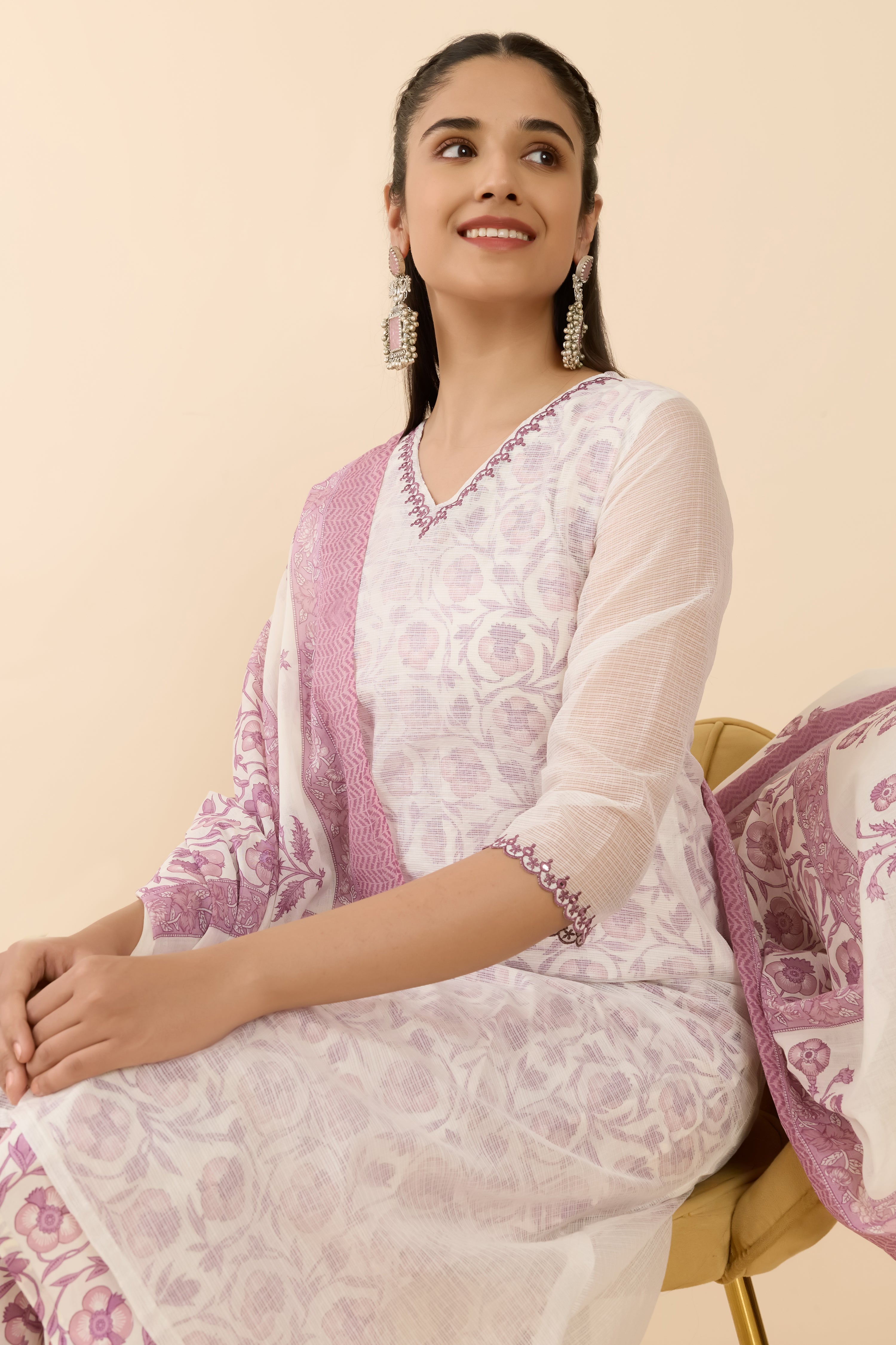 WHITE FLORAL PRINTED A-LINE KURTA SET