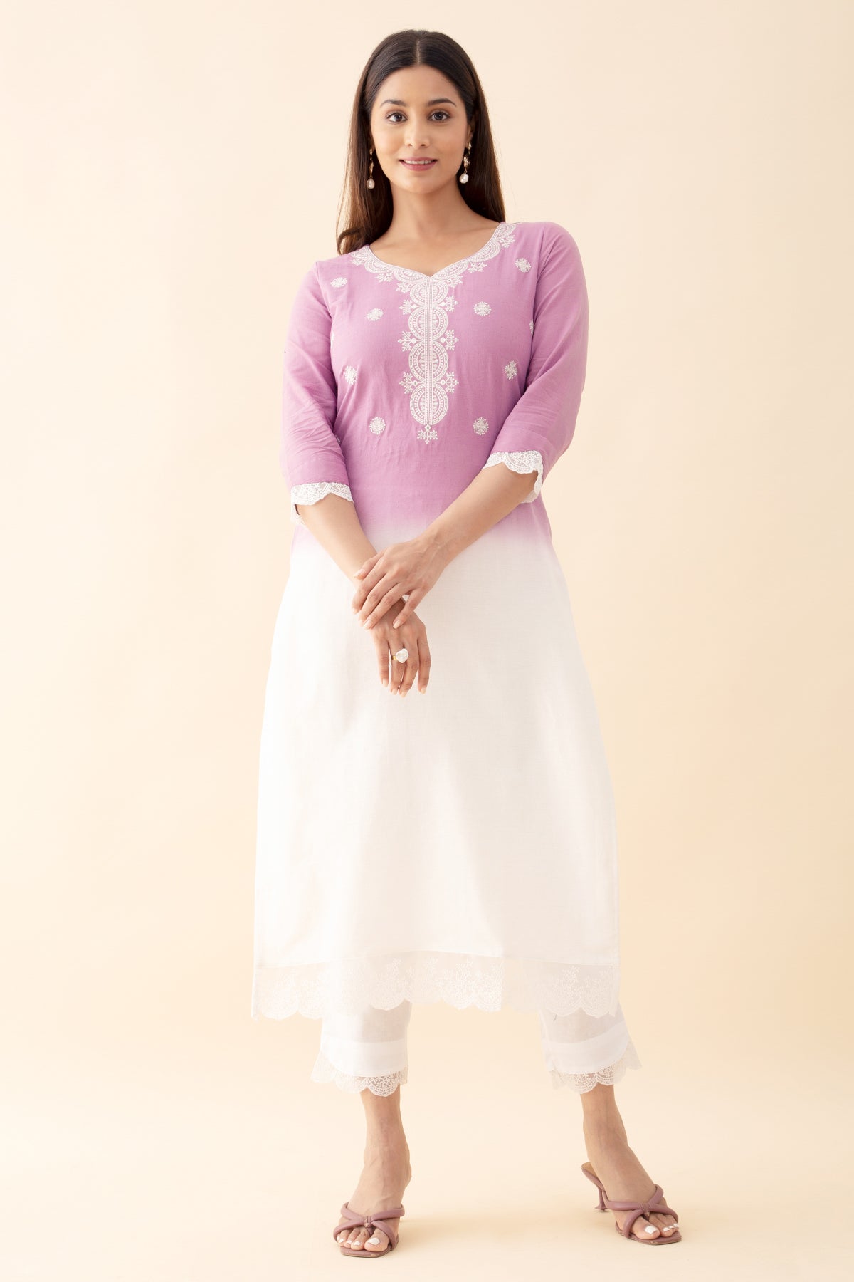 Ombre Dyed KurtaSet with Lace Embellished Net Dupatta - White & Lavendar