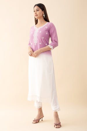 
Ombre Dyed KurtaSet with Lace Embellished Net Dupatta - White & Lavendar
