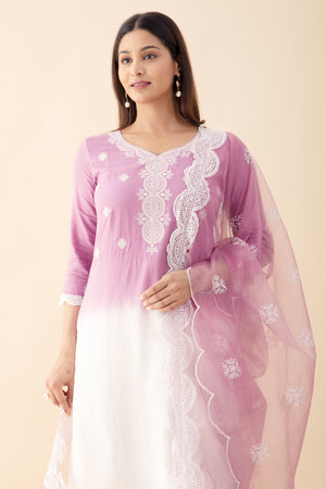 Ombre Dyed KurtaSet with Lace Embellished Net Dupatta - White & Lavendar