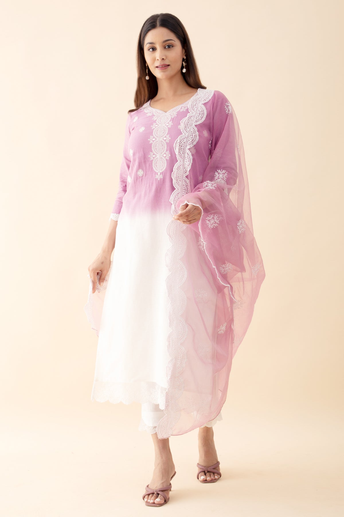 Ombre Dyed KurtaSet with Lace Embellished Net Dupatta - White & Lavendar