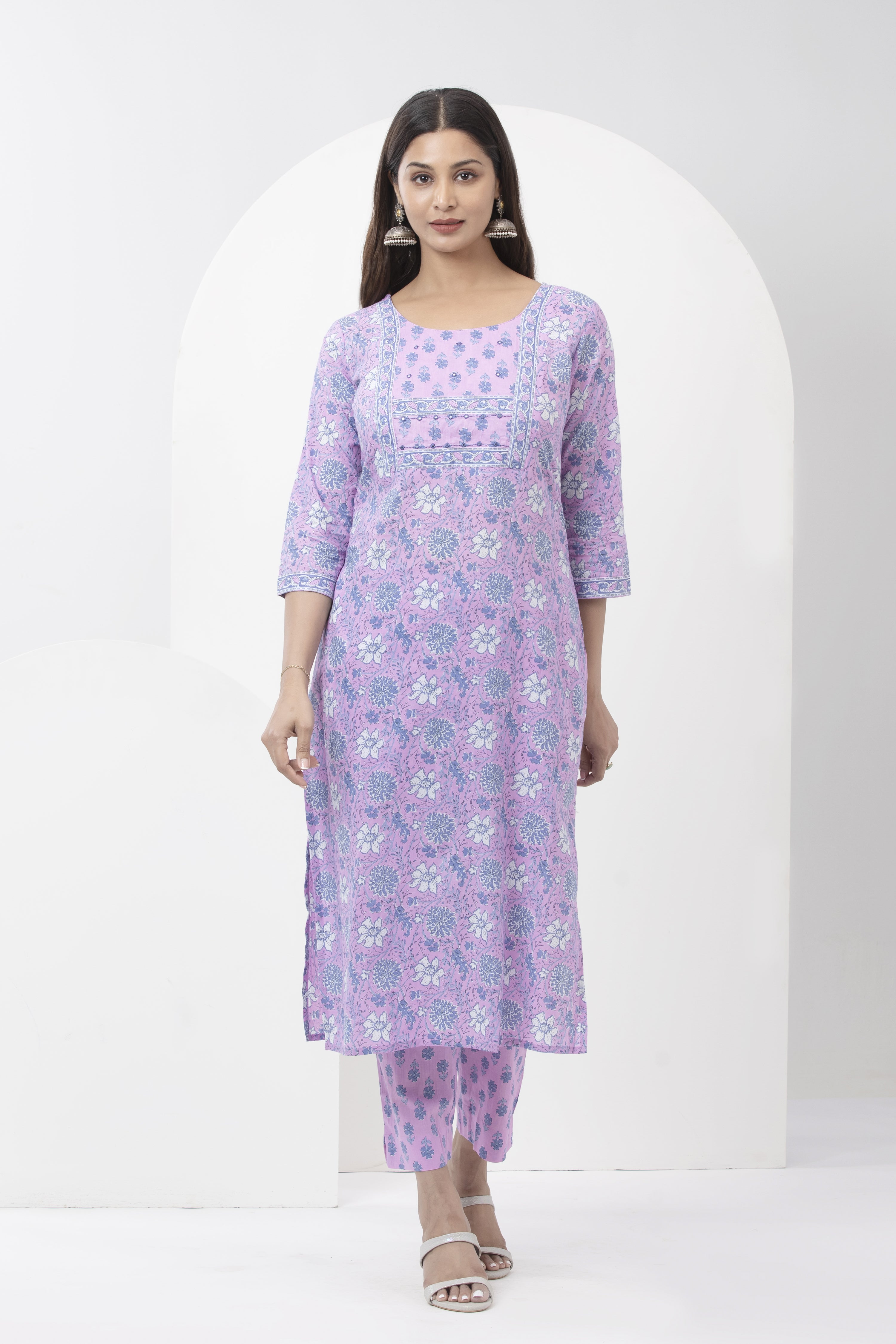 Floral Printed Cotton Kurtaset with Dupatta - Light Purple