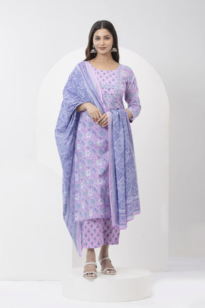 Floral Printed Cotton Kurtaset with Dupatta - Light Purple