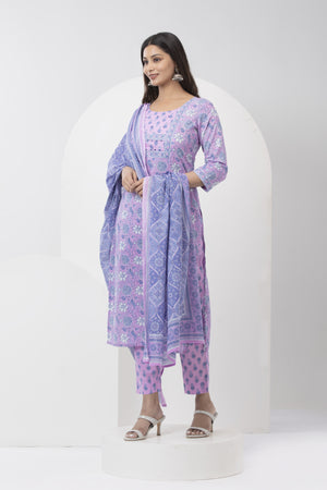 Floral Printed Cotton Kurtaset with Dupatta - Light Purple