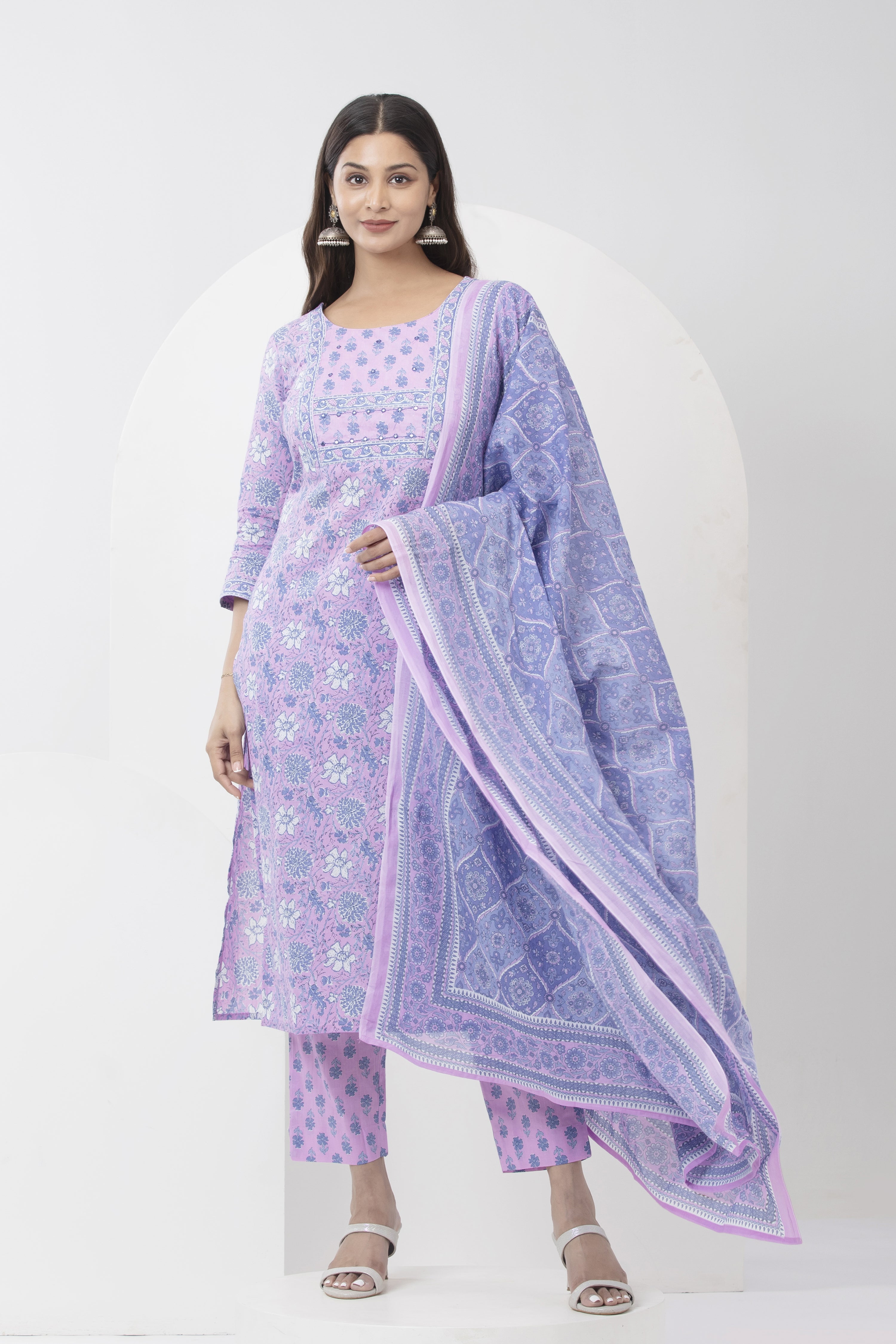 Floral Printed Cotton Kurtaset with Dupatta - Light Purple