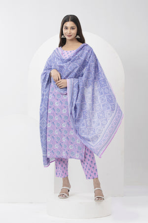 Floral Printed Cotton Kurtaset with Dupatta - Light Purple