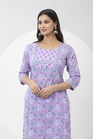 Floral Printed Cotton Kurtaset with Dupatta - Light Purple