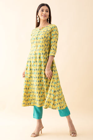 Printed Kurtaset with Ombre-Dyed Dupatta - Yellow & Green