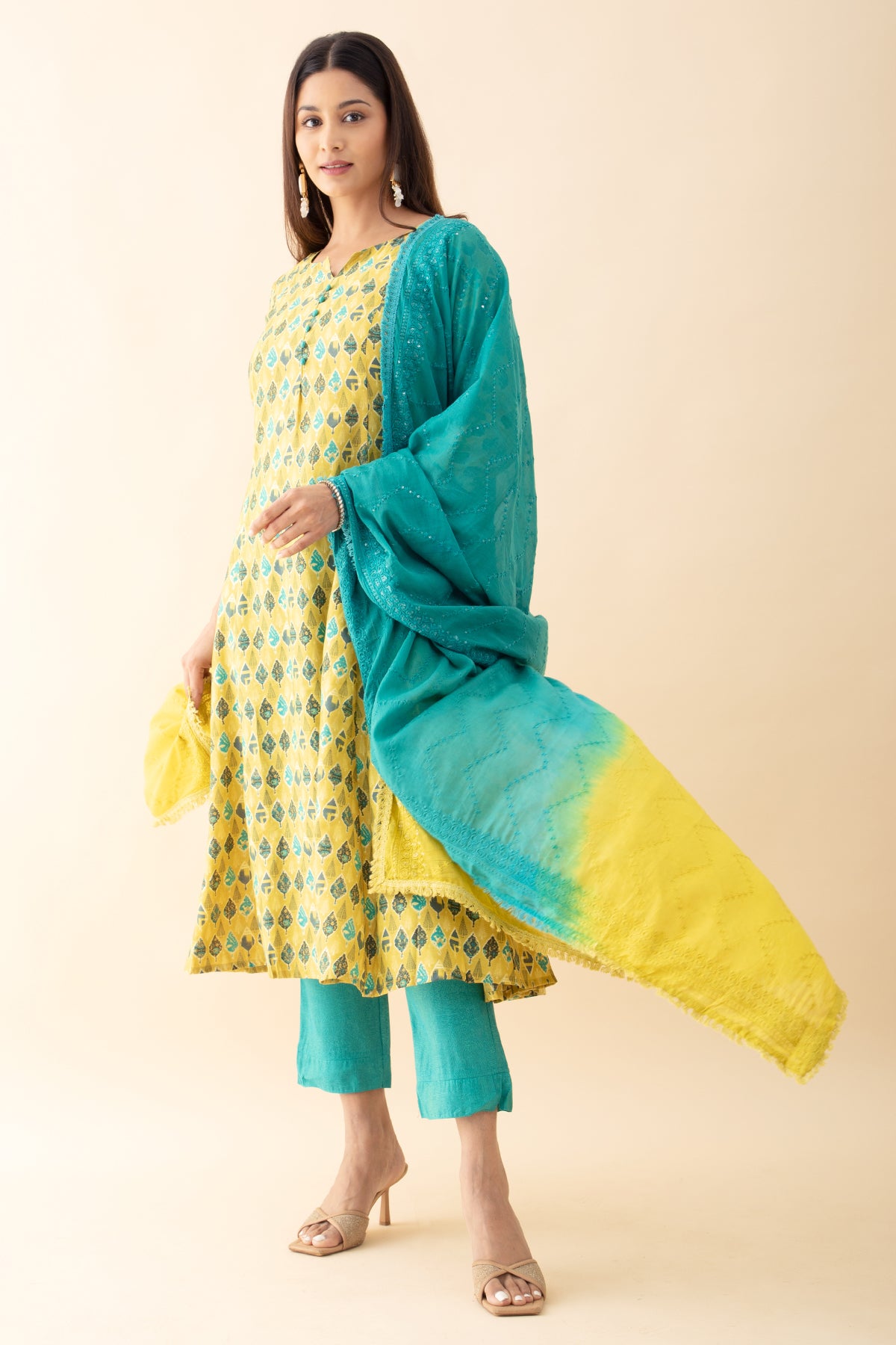 Printed Kurtaset with Ombre-Dyed Dupatta - Yellow & Green