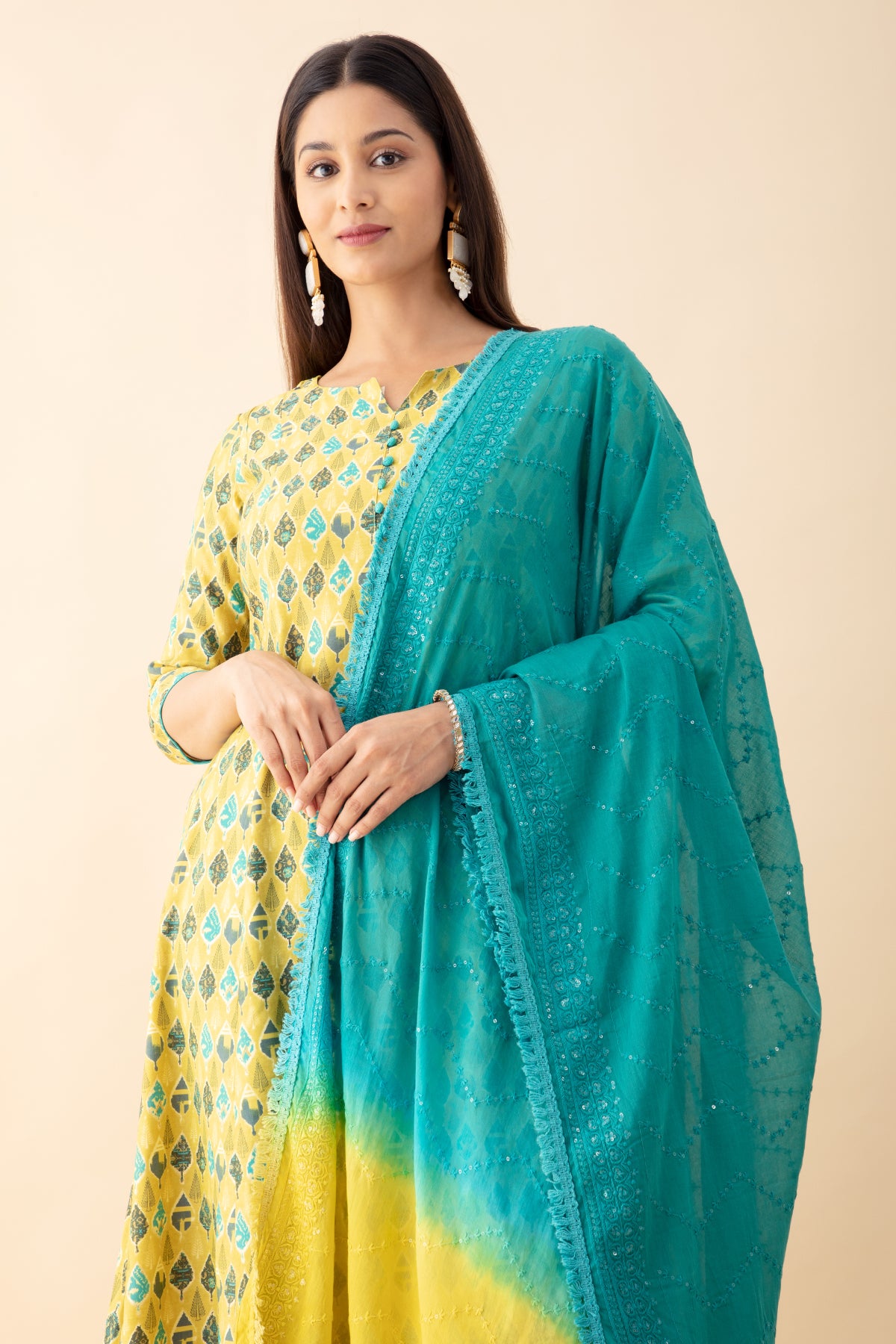 Printed Kurtaset with Ombre-Dyed Dupatta - Yellow & Green