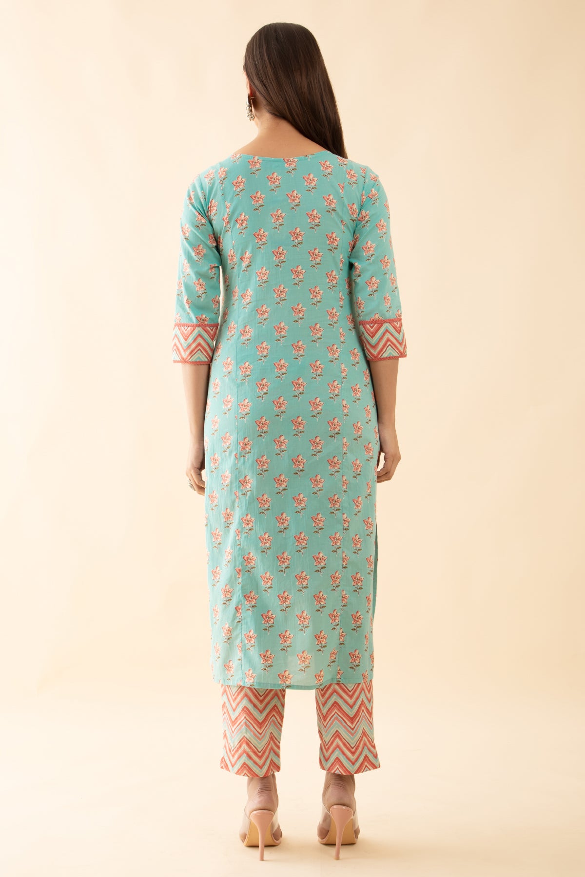 Floral Cotton Kurta Set with Zig-Zag Printed Dupatta - Aqua Green & Peach